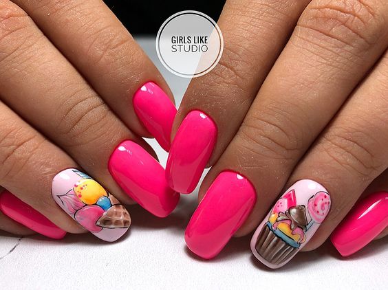 Neonowe malinowe paznokcie z wzorkami